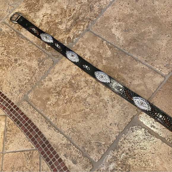 Women Brown Leather Embellished Rhinestone Bling Belt Size Large-Made in Mexico - Picture 5 of 10